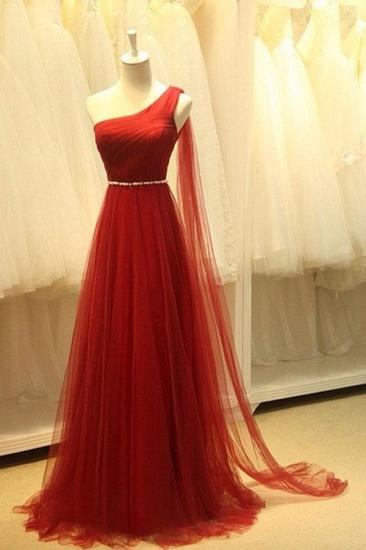 Elegant One Shoulder Evening Dresses Sheer Tulle Ruffles Dark Red Elegant Prom Dresses_1