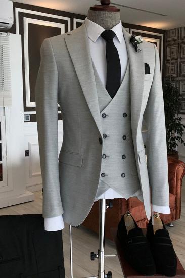 Mens Formal Light Grey 3 Piece Notched Lapel Double Breasted Vest Business Suit_2