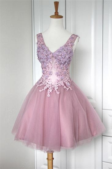 V-Neck Applique Beading Homecoming Dresses Tulle Tiered Mini Cocktail Dresses