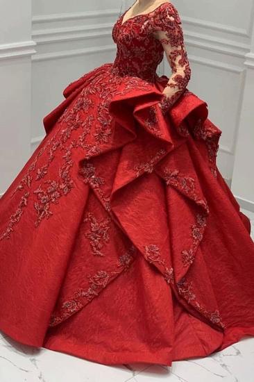 Burgundy Lace Appliques Long sleeves V-neck Ruffles Ball Gowns Evening Gowns_5