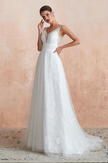 Carnelian | White V-neck Beach Wedding Dress with Pearls on Tulle, Elegant Sleeveless Long length Summer Bridal Gowns_4