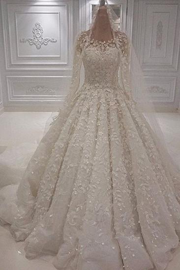 Gorgeous Crew Neck Long Sleeve Lace Appliques Wedding Bridal Dress|Elegant Ball Gown Sweep Train_1