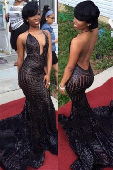 Sexy Black Mermaid Sequined Prom Dresses Backless V-Neck Evening Gowns_1