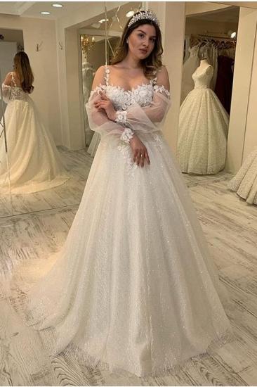 Spaghetti Straps Floral Appliques A-line Wedding Dresses | Tulle Long Sleeve Pleated Bridal Gowns_3