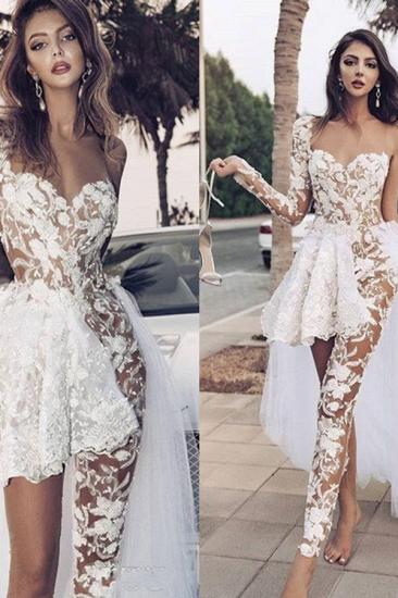 Elegant Lace Jumpsuit Asymmetirc See-through Overskirt White Wedding Dress_3