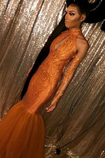 Dust Orange Mermaid Cheap Prom Dress with Sleeves | Halter Sexy Keyhole Sparkly Appliques Evening Gowns_2