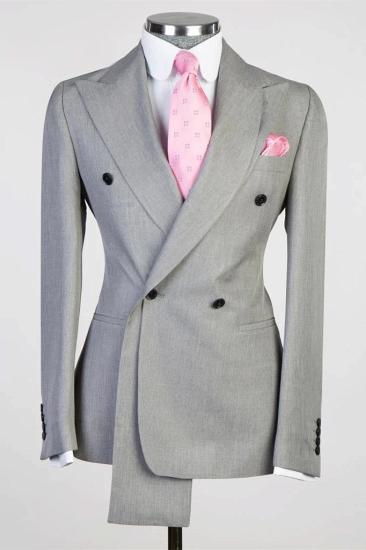 Ross Light Gray Peaked Lapel Double Breasted Prom Suits_1
