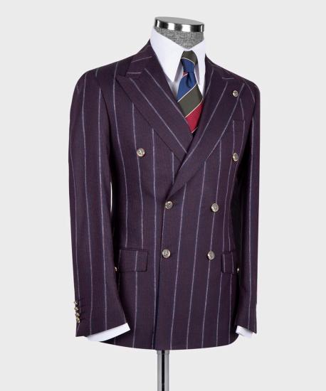 Chic Purple Striped Double Breasted Men's Business Suit_2