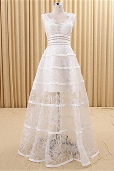 Lovely Sheer Lace V-neck White Evening Dresses Lace-Up Charming Prom Gowns
