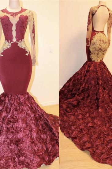 Burgundy Open Back Gold Lace Prom Dresses Cheap | Mermaid Long Sleeve Sexy Evening Dress with Ruffled Train