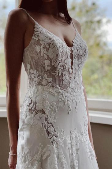 Stylish White Floral Lace Tulle Wedding Dress Spaghetti Straps Appliques Long Bridal Dress