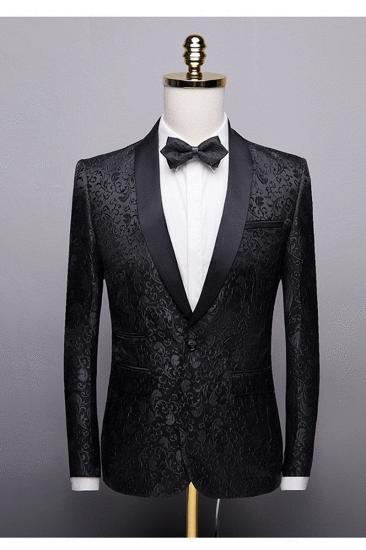 Black Jacquard Shawl Lapel Mens Suit | Unique Slim Two Piece Wedding Groom Tuexdos