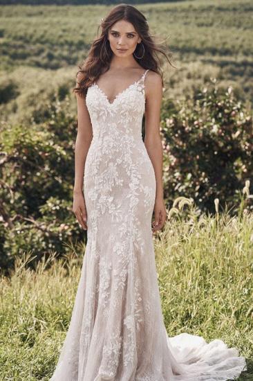 Mermaid ivory lace sleeveless long wedding dress_1