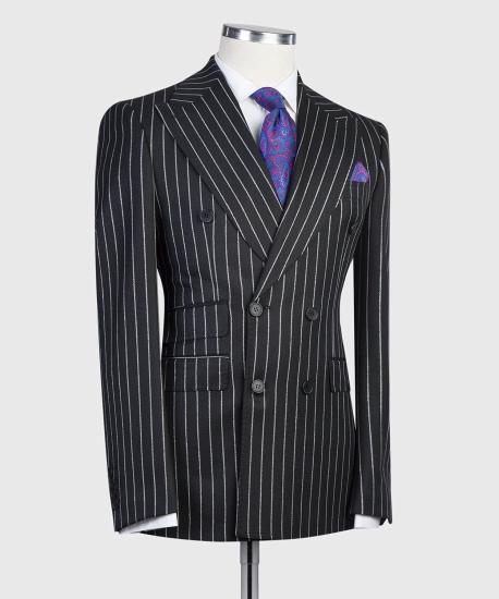 Modern Black Stripe Double Breasted Peaked Lapel Business Men Suits_3