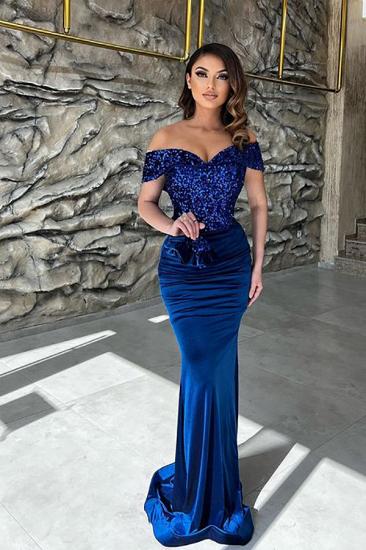 King Blue Long Shiny Card-Shoulder Evening Gown | Velelt prom dresses cheap