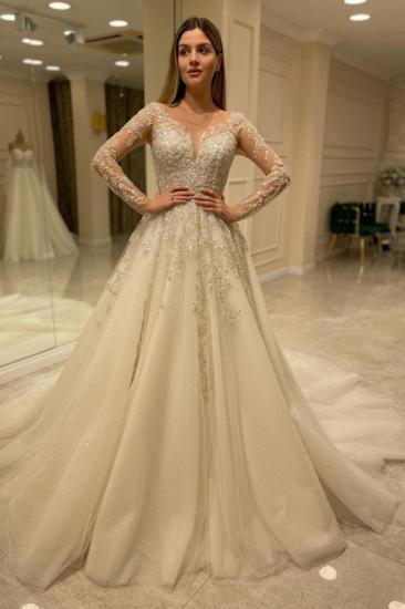 Designer Lace V-Neck Long Sleeve Wedding Dress | Wedding Dresses A Line Long Sleeves
