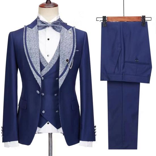 Fancy Dark Blue Peaked Lapel Prom Suits | Three Pieces_2