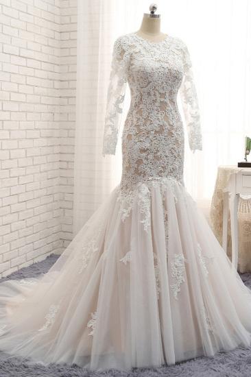 Bradyonlinewholesale Elegant Longsleeves Jewel Mermaid Wedding Dresses Champagne Tulle Bridal Gowns With Appliques On Sale_3