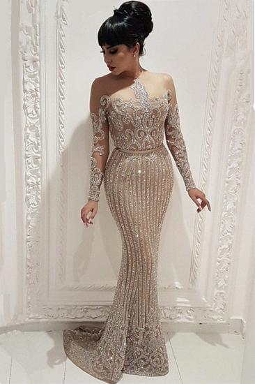 Sparkly Beads Sequins Sexy Evening Dresses |  Mermaid Long Sleeve Nude Lining Prom Dresses_1