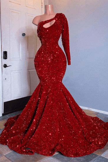 Unique One-shoulder long sleeves Sparkle Red keyhole Prom Dress_1