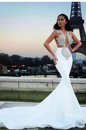 White Sleeveless Mermaid Prom Dresses | Appliques Beadings Evening Dresses_2