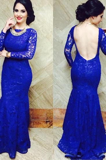Blackless Royal Blue Lace Long Prom Dresses with Fishtail Long Sleeves Sexy Evening Dresses_2