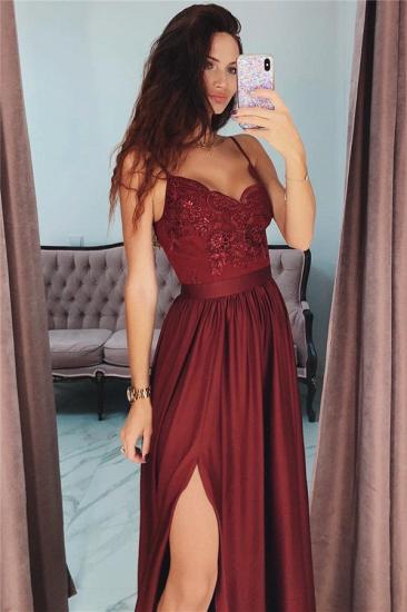 Spaghetti Straps Burgundy Prom Dresses Cheap | Sexy Side Slit Lace Appliques Evening Gown_2