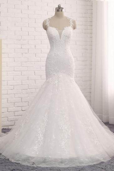 Bradyonlinewholesale Elegant Straps V-Neck Tulle Lace Mermaid Wedding Dress Appliques Sleeveless Bridal Gowns On Sale