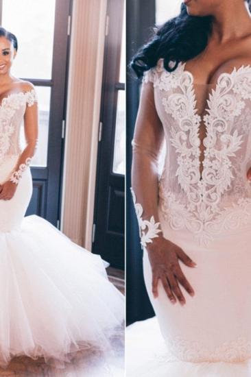 Off the Shoulder Mermaid Wedding Dress | Lace Appliques Elegant Long Sleeve Bridal Gowns_3