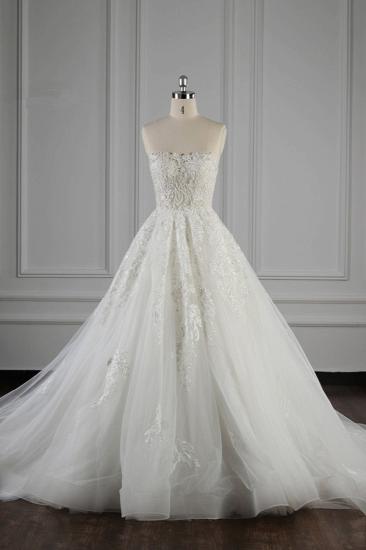 Bradyonlinewholesale Elegant Strapless White Lace Wedding Dress Sleeveless Appliques Ruffle Bridal Gowns Online