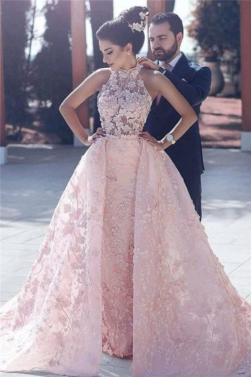 High Neck Unique Flowers Lace Evening Dress Gorgeous Pink Overskirt Prom Dress