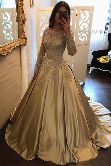 Long Sleeve Gold Lace Appliques Prom Dress Elegant Puffy Formal Evening Dress_1