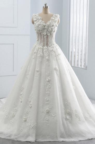 Bradyonlinewholesale Glamorous V-Neck Tulle Wedding Dress with Flowers Appliques Sleeveless Beadings Bridal Gowns Online