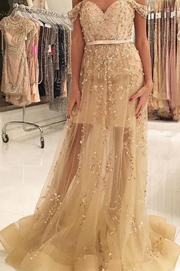 Champagne Gold Beads Sequins Prom Dress Off The Shoulder Illusion Evening Gown_1