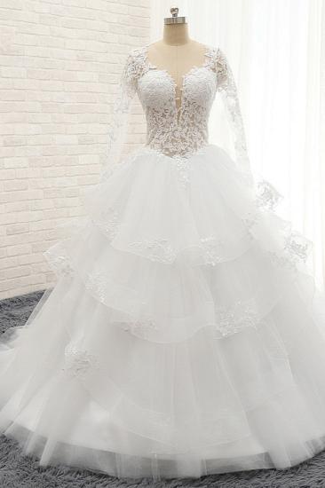 Bradyonlinewholesale Glamorous Longlseeves Tulle Ruffles Wedding Dresses Jewel A-line White Bridal Gowns With Appliques On Sale