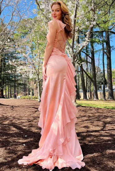 Emerald Green Square Neck Ruffle Slit Prom Dress_6