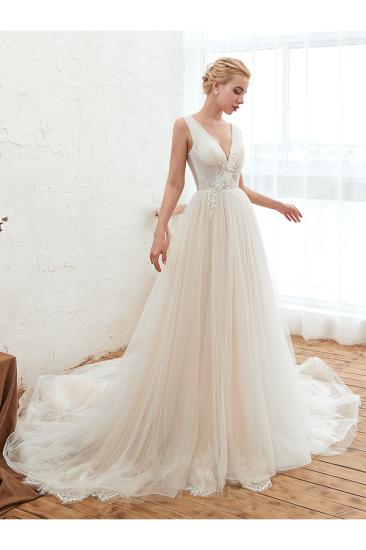 Affordable Tulle V-Neck Ruffle Long Wedding Dress with Appliques_1