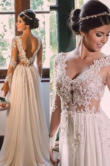 Simple A-line Sweep-Train Chiffon V-neck Lace Backless Wedding Dress