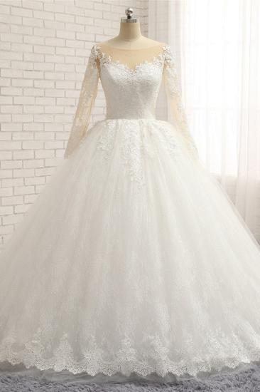 Bradyonlinewholesale Affordable White Tulle Ruffles Wedding Dresses Jewel Longsleeves Lace Bridal Gowns With Appliques Online_5