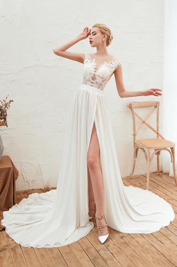 Sexy Jewel Appliques Long Ivory Affordable Wedding Dress with Front Slit_6