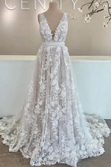 Designer Wedding Dresses V Neck Bridal Gown A Line Lace_2