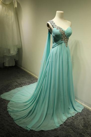 One Shoulder Tiered Green Evening Dresses Popular Elegant Long Train Crystal long Prom Dress_1