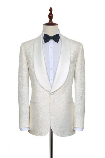 Wedding Trendy Jacquard White Tuxedo | Silk Shawl Lapel One Button Mens Wedding Suit
