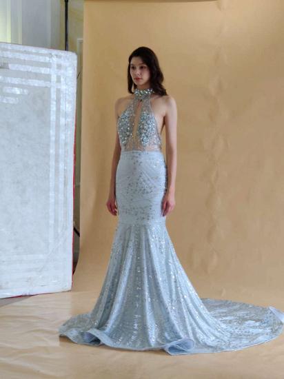 Halter Sleeveless Beaded Mermaid Satin Floor Length Crystal Prom Party Dress_7