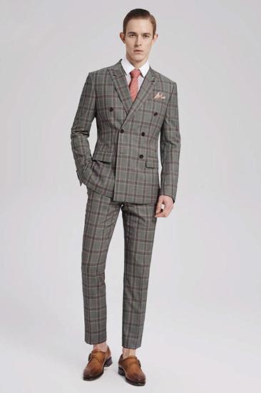 Pink Plaid Double Breasted Grey Mens Suit For Sale Business