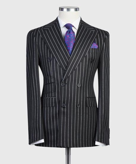Modern Black Stripe Double Breasted Peaked Lapel Business Men Suits_4