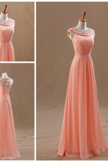 High Neck Long Peach Prom Dresses for Junior with Crystal Collar Sash Chiffon Popular Pretty Evening Gowns_2