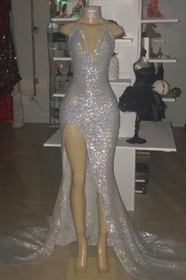 Halter V-neck Silver Sequins Prom Dress on Mannequins | Sleeveless Sexy Slit Cheap Evening Dress_2
