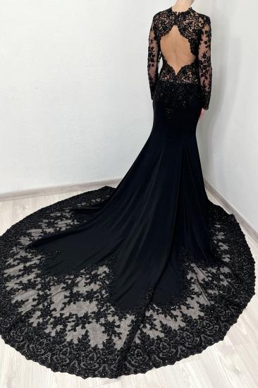 Black High-neck Appliques Lace Long Sleeve A-Line Wedding Dresses_2