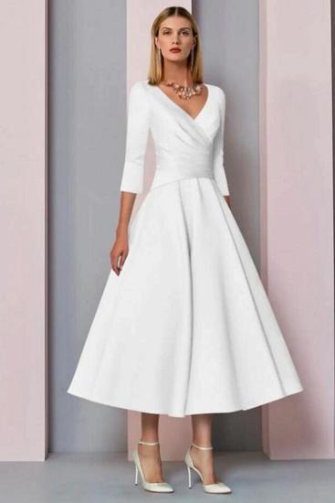Half Sleeves White Ankle Length Mother of the Bride Dress V-Neck Satin Wedding Guest Dress_2